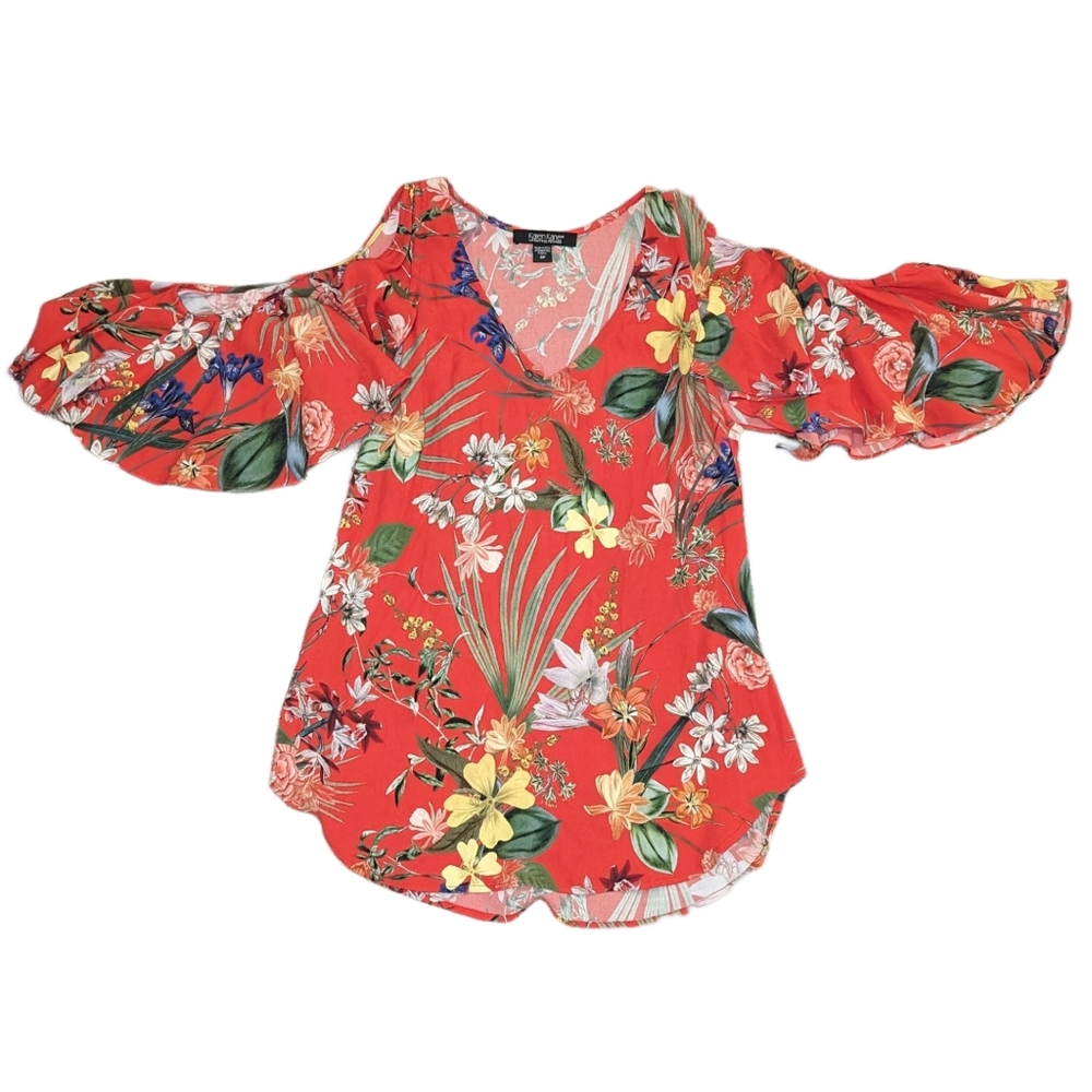 ๐ 3/$15 - NWOT Karen Kane Lifestyle Ruffle Sleeve Floral Top, Size Small Petite - Picture 1 of 5